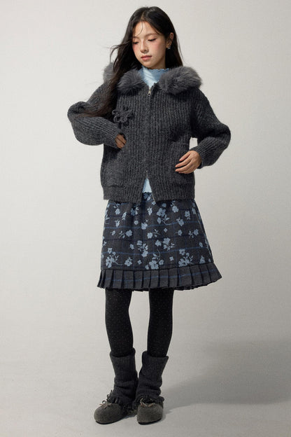 Grey Hooded Floral Zip Up Sweater