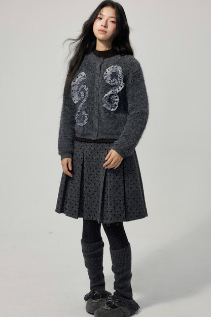 Gray Polka Dot Wool Pleated Skirt