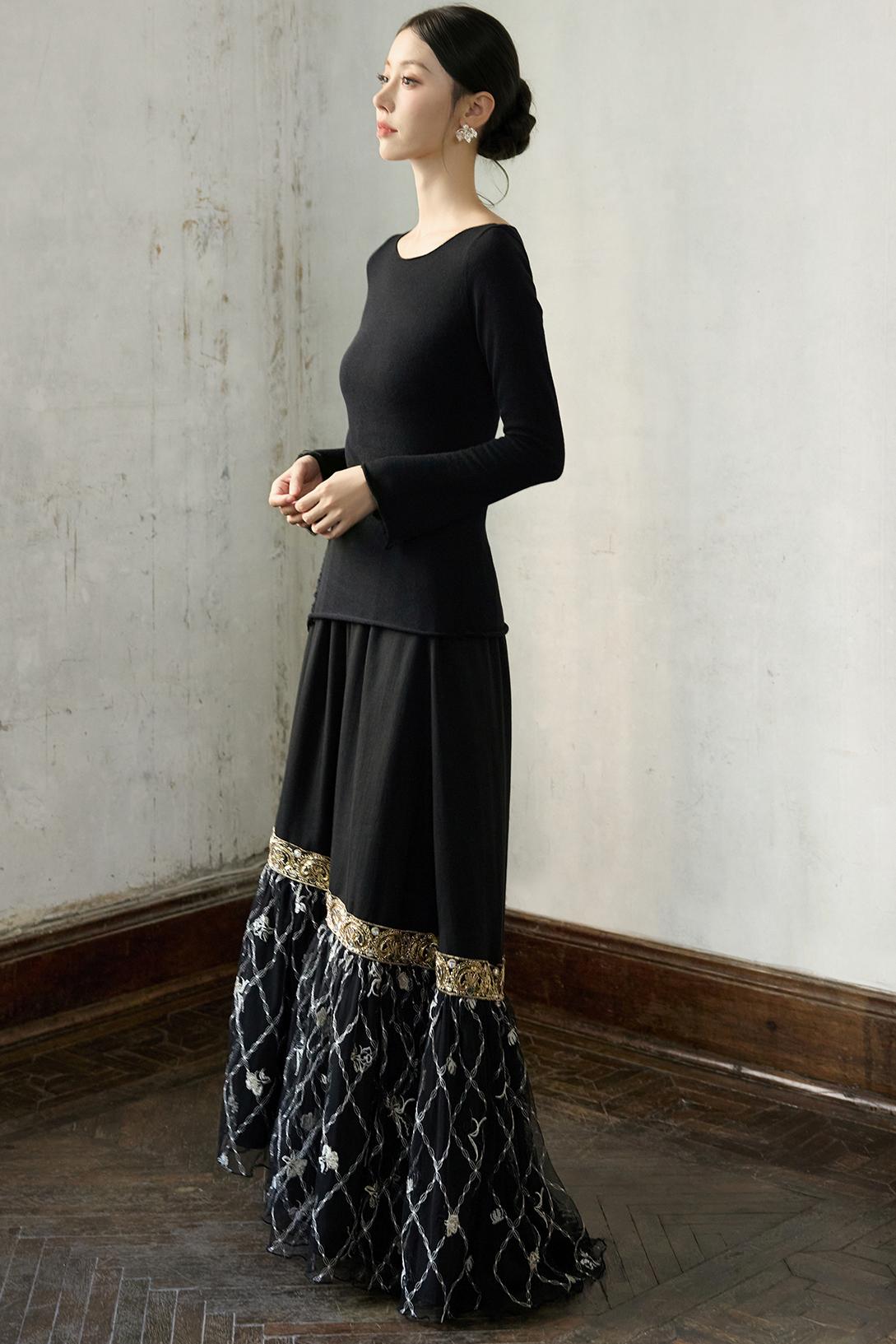 Fall Black Patchwork Mesh Skirt