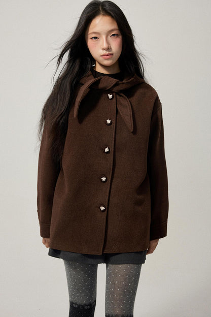 Brown Hooded Bow Tweed Jacket