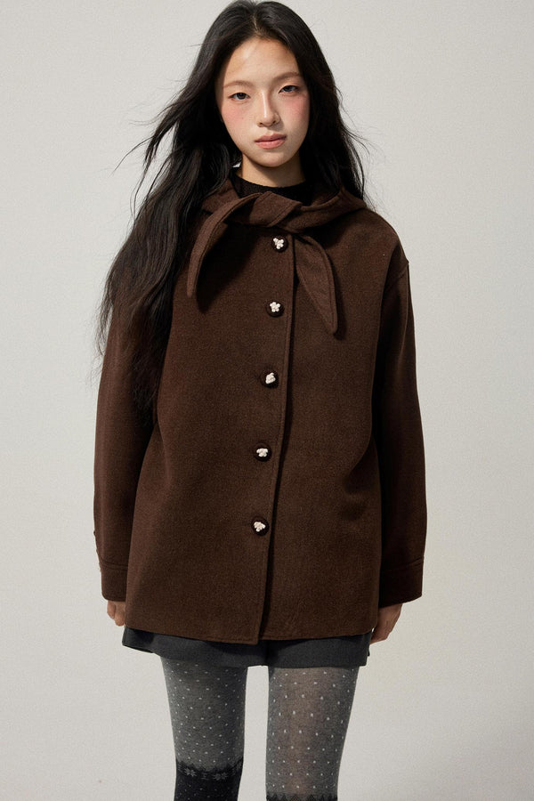 Brown Hooded Bow Tweed Jacket