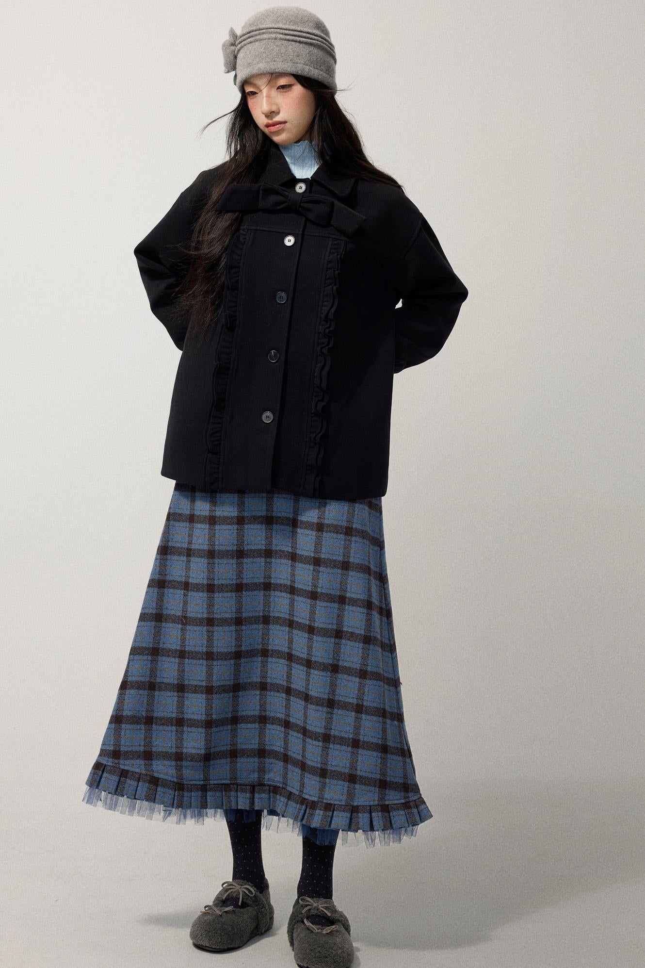 Black Wool Bow Midi Coat