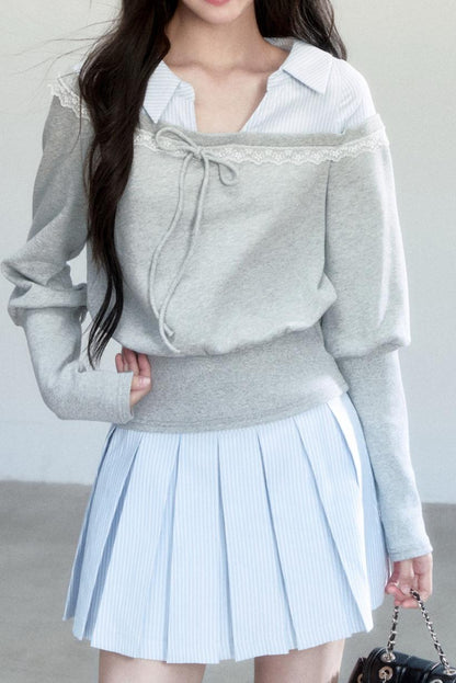 Patchwork Striped Pleated Skirt Set-Up