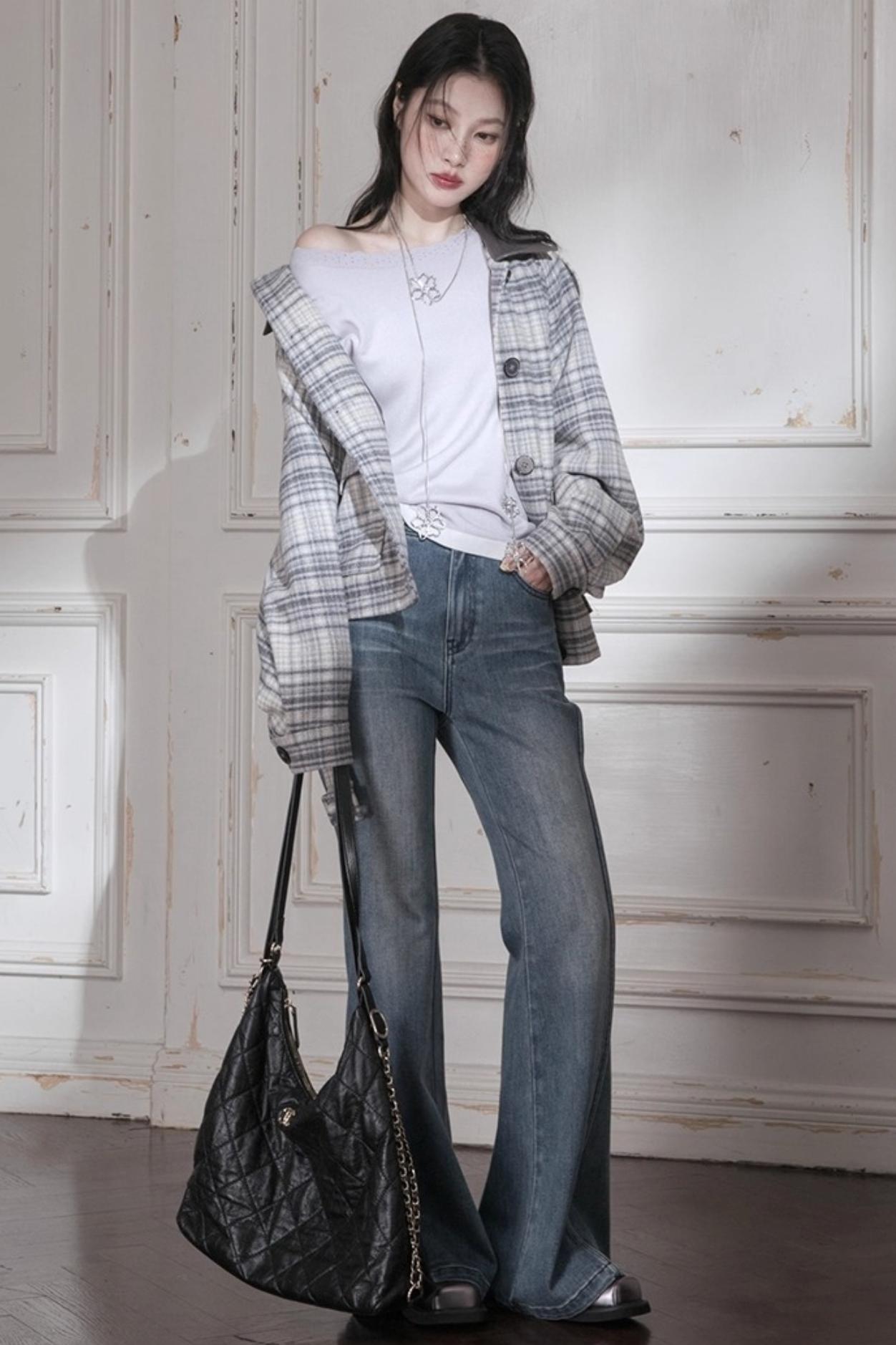 Cream Purple Wool One-Line Collar Top