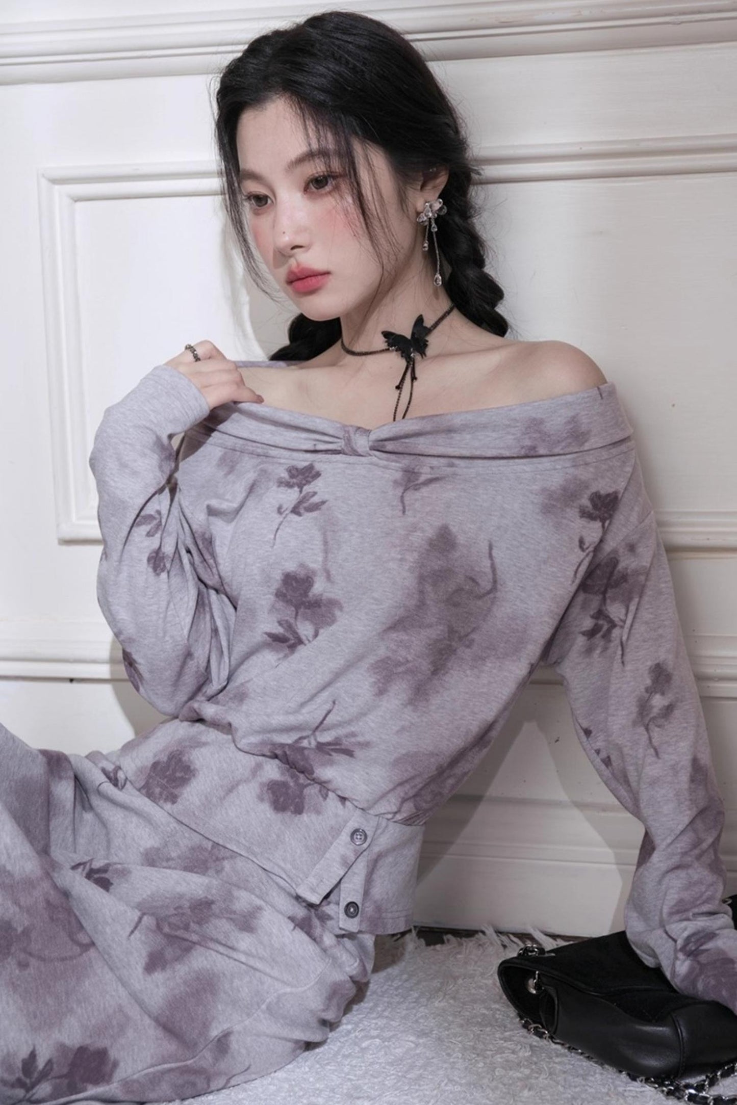 Gray Purple Bow Neck Knit Skirt Set