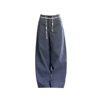 Navy Vine Plaid Wide-Leg Pants