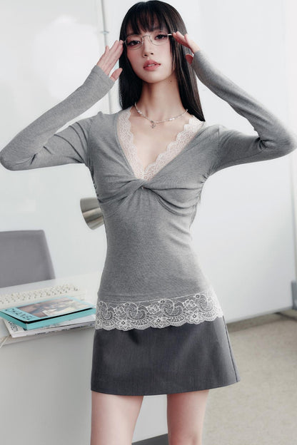 Lace Paneled V-Neck Waist Top