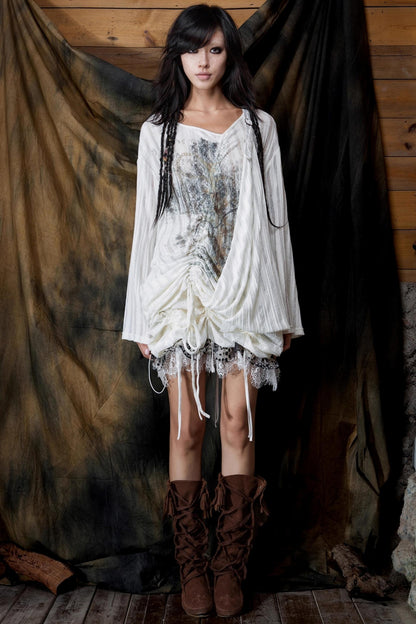 Vintage V-Neck Lace-Up Knitted Print Long Sleeve T-Shirt