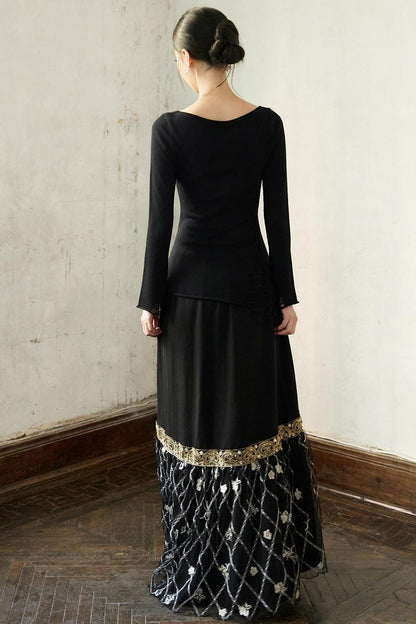 Fall Black Patchwork Mesh Skirt