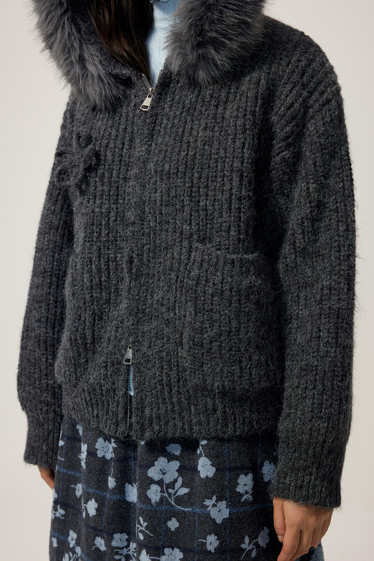 Grey Hooded Floral Zip Up Sweater