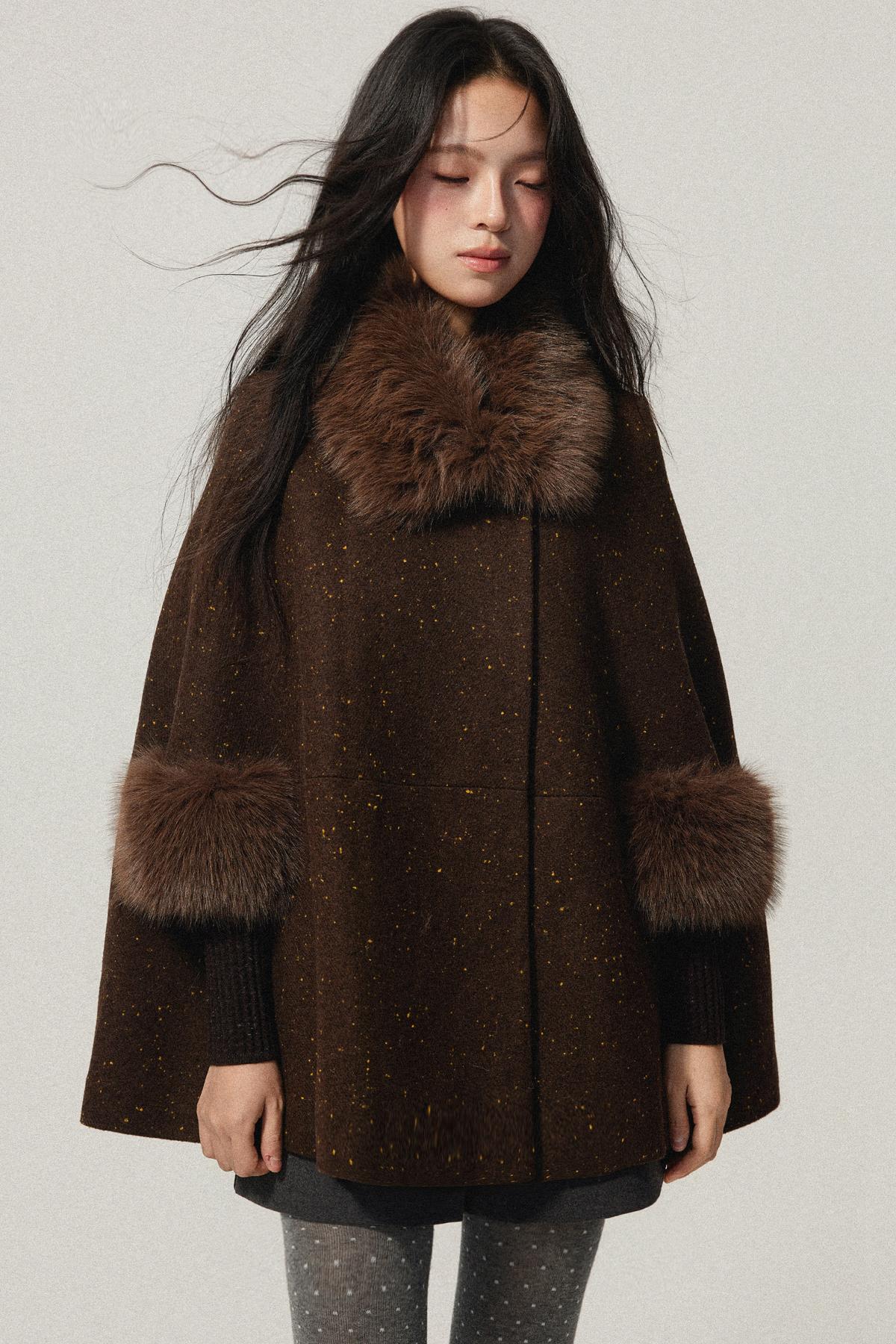 Coffee Wool Cotton Blend Cloak