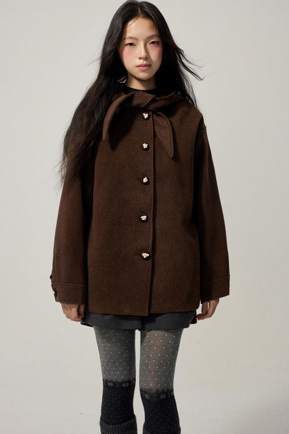 Brown Hooded Bow Tweed Jacket