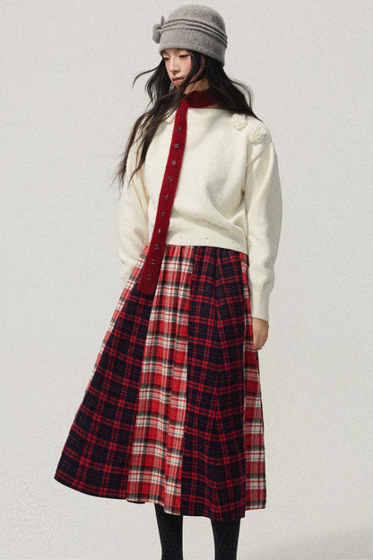 Red Plaid Elastic Waist A-Line Skirt