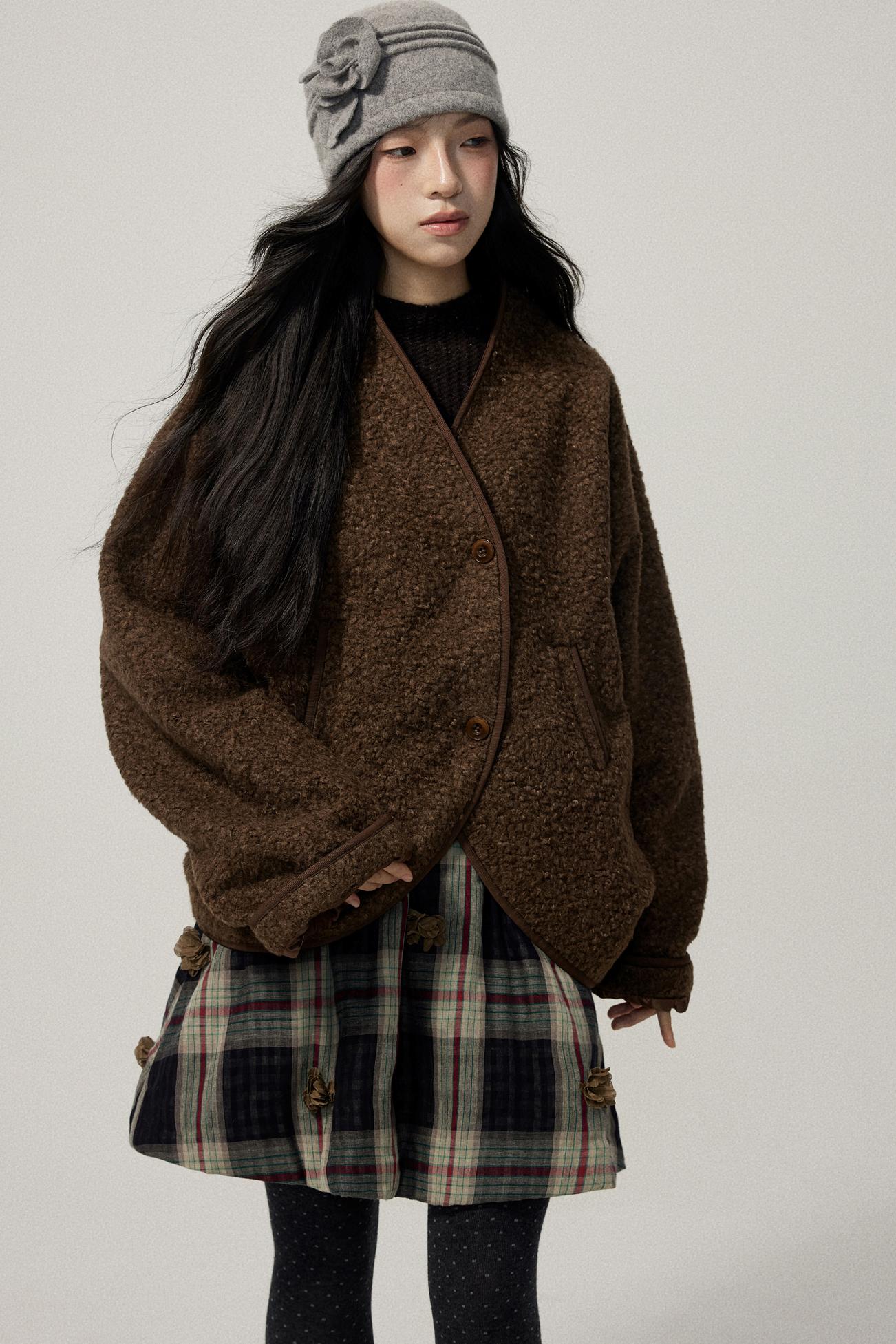 Brown Collarless Lambswool Jacket