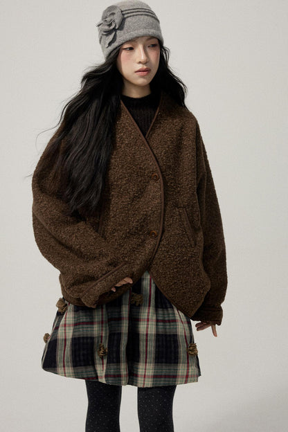 Brown Collarless Lambswool Jacket