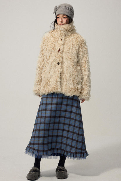 Khaki Wool Fur Collar Slim Coat