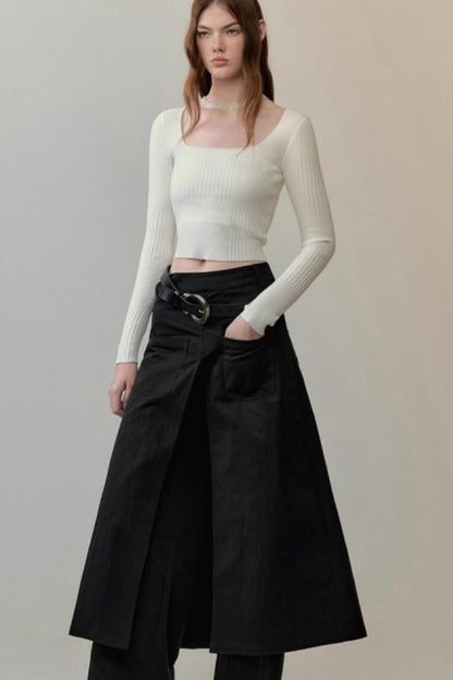 Patchwork Square Collar Knitted Top