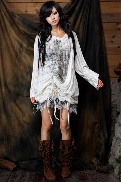 Vintage V-Neck Lace-Up Knitted Print Long Sleeve T-Shirt