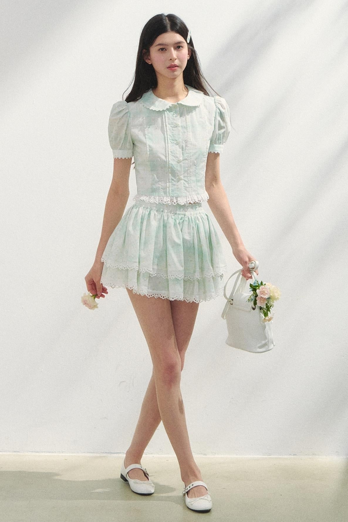 Minty Checks Skirt Shirt Set-Up