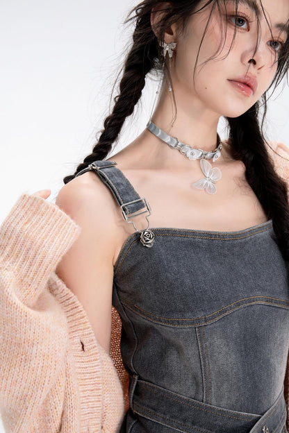 Distressed Wash Denim Strap Dress