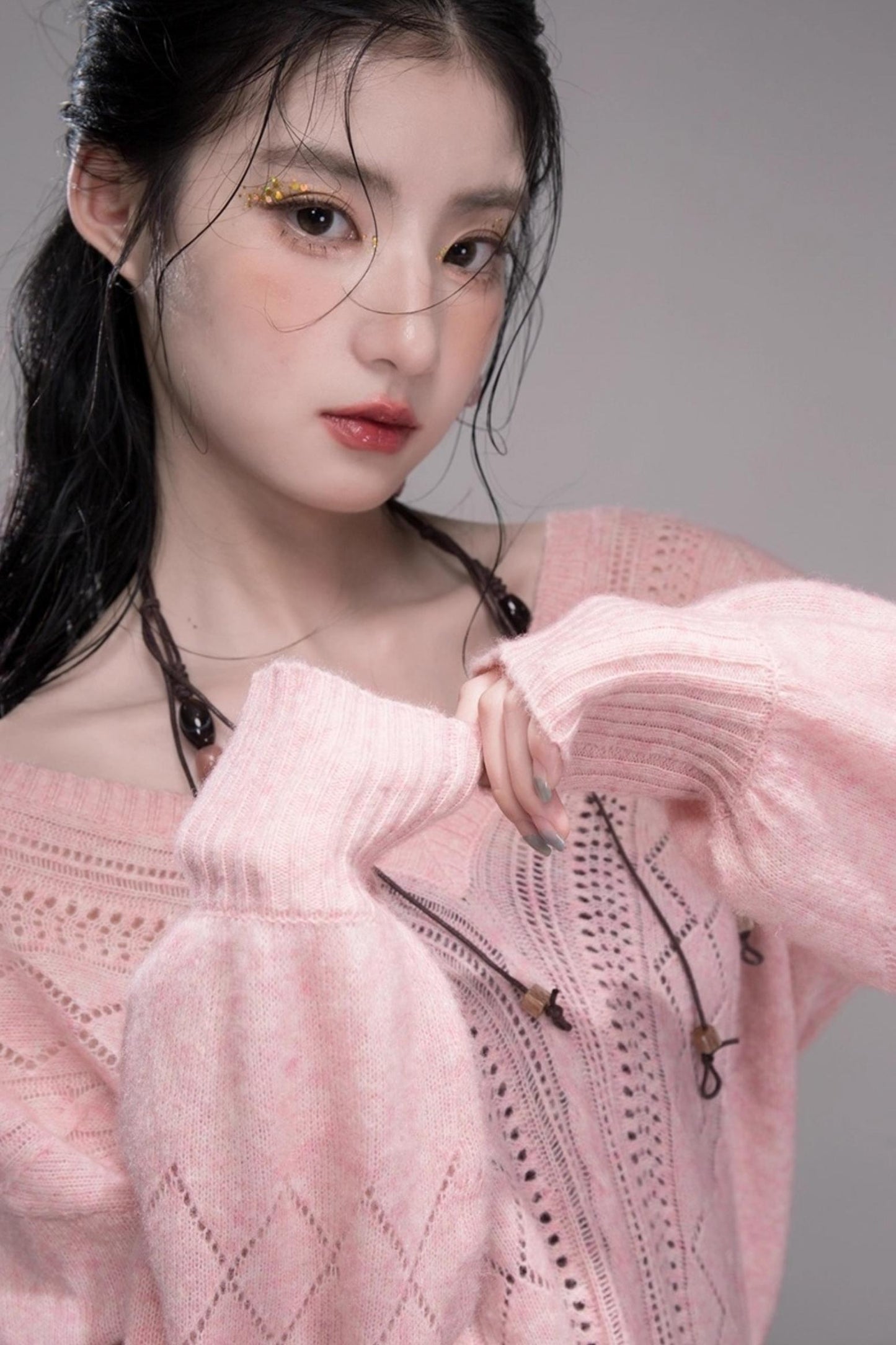 헤이즐넛 로즈 울 브이넥 니트와 홀터넥 조끼 세트