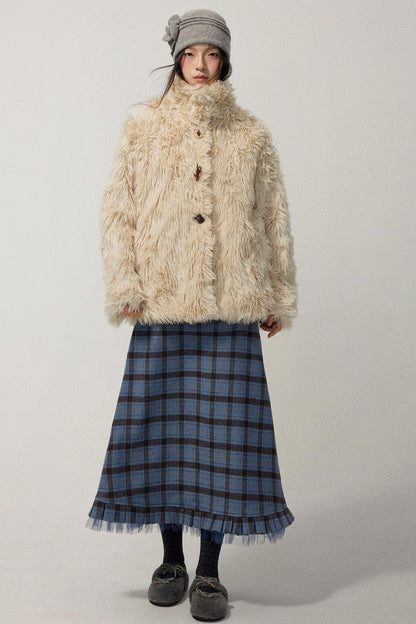 Khaki Wool Fur Collar Slim Coat