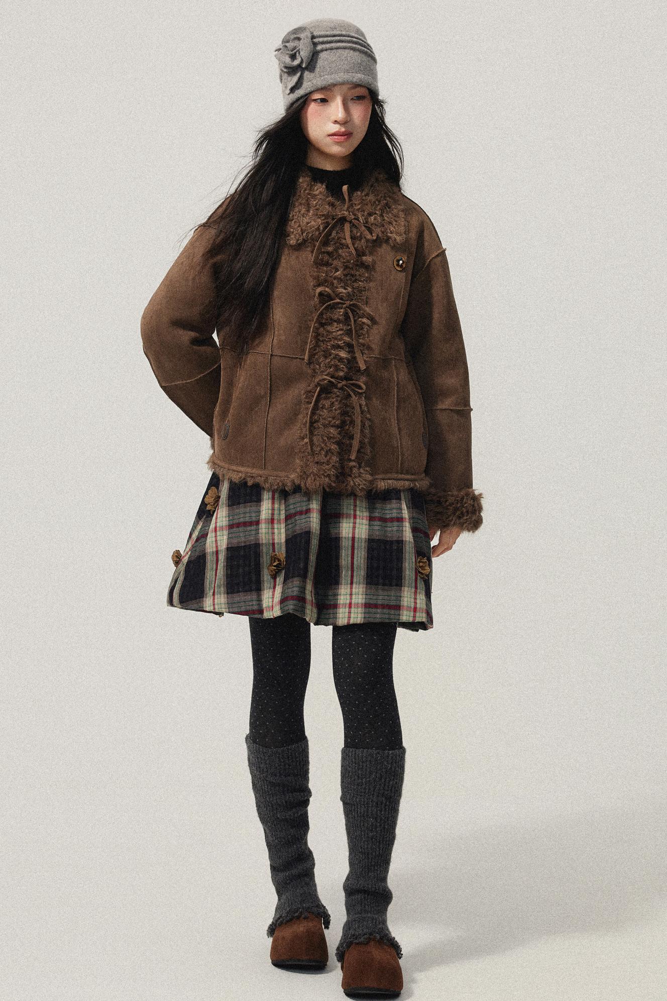 Brown Bow Detail Flower Brooch Coat