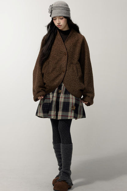 Brown Collarless Lambswool Jacket