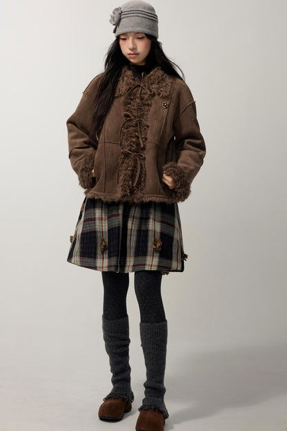 Coffee Red Plaid Cotton Warm Skirt