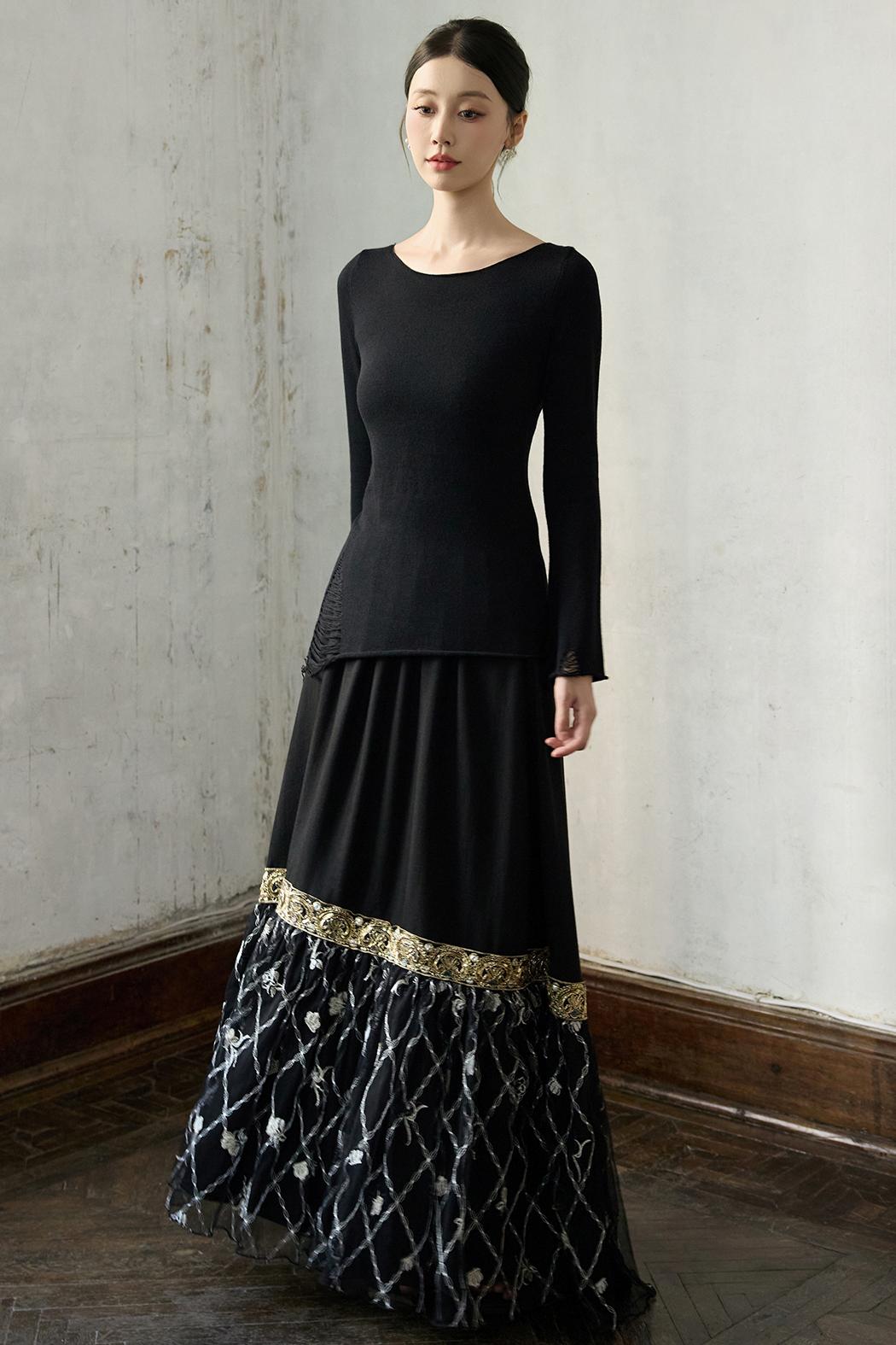 Fall Black Patchwork Mesh Skirt