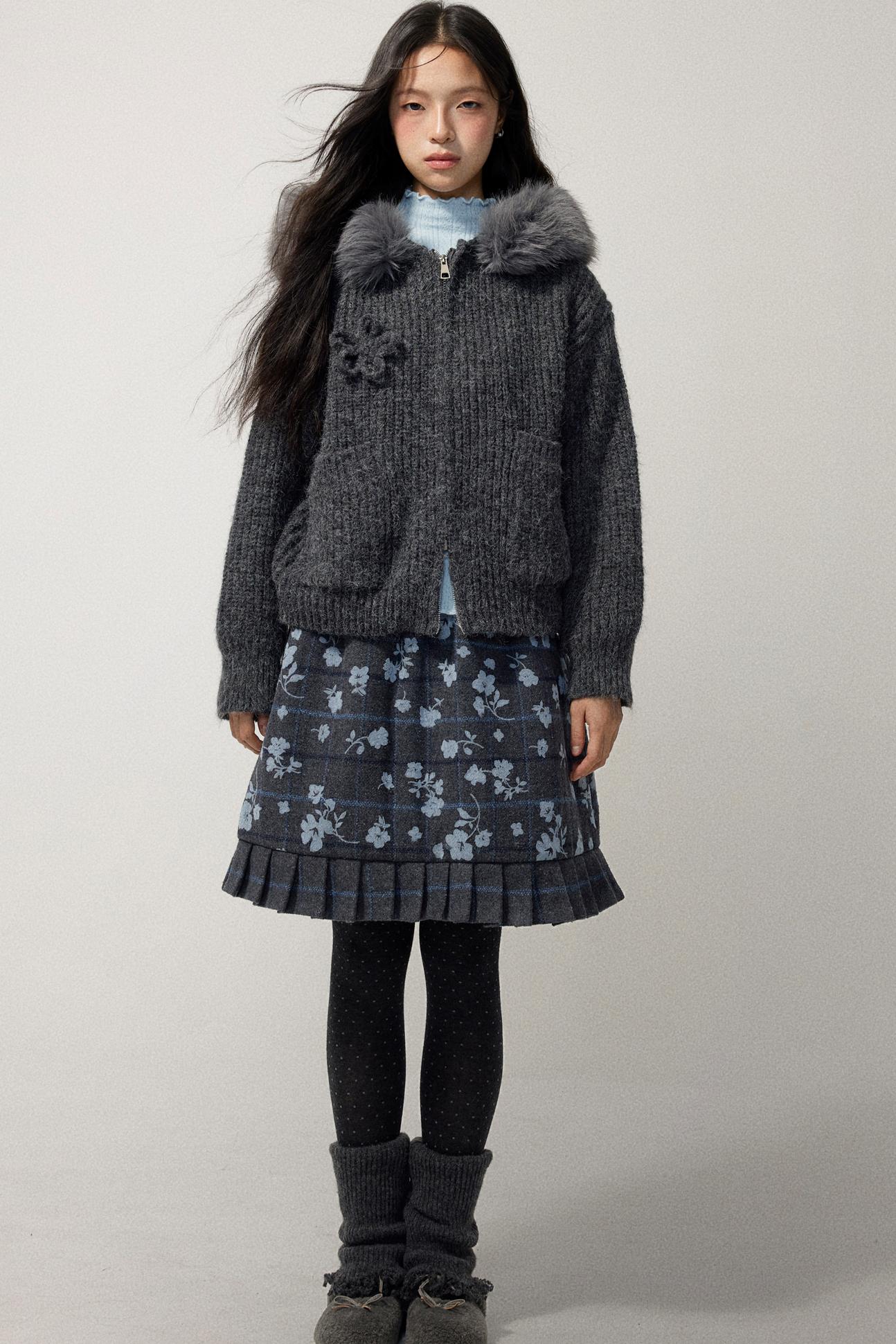 Grey Hooded Floral Zip Up Sweater