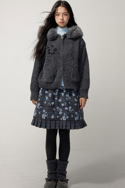 Grey Hooded Floral Zip Up Sweater