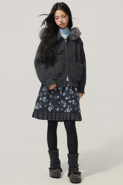 Grey Plaid Flocked Flower Pleated Skirt