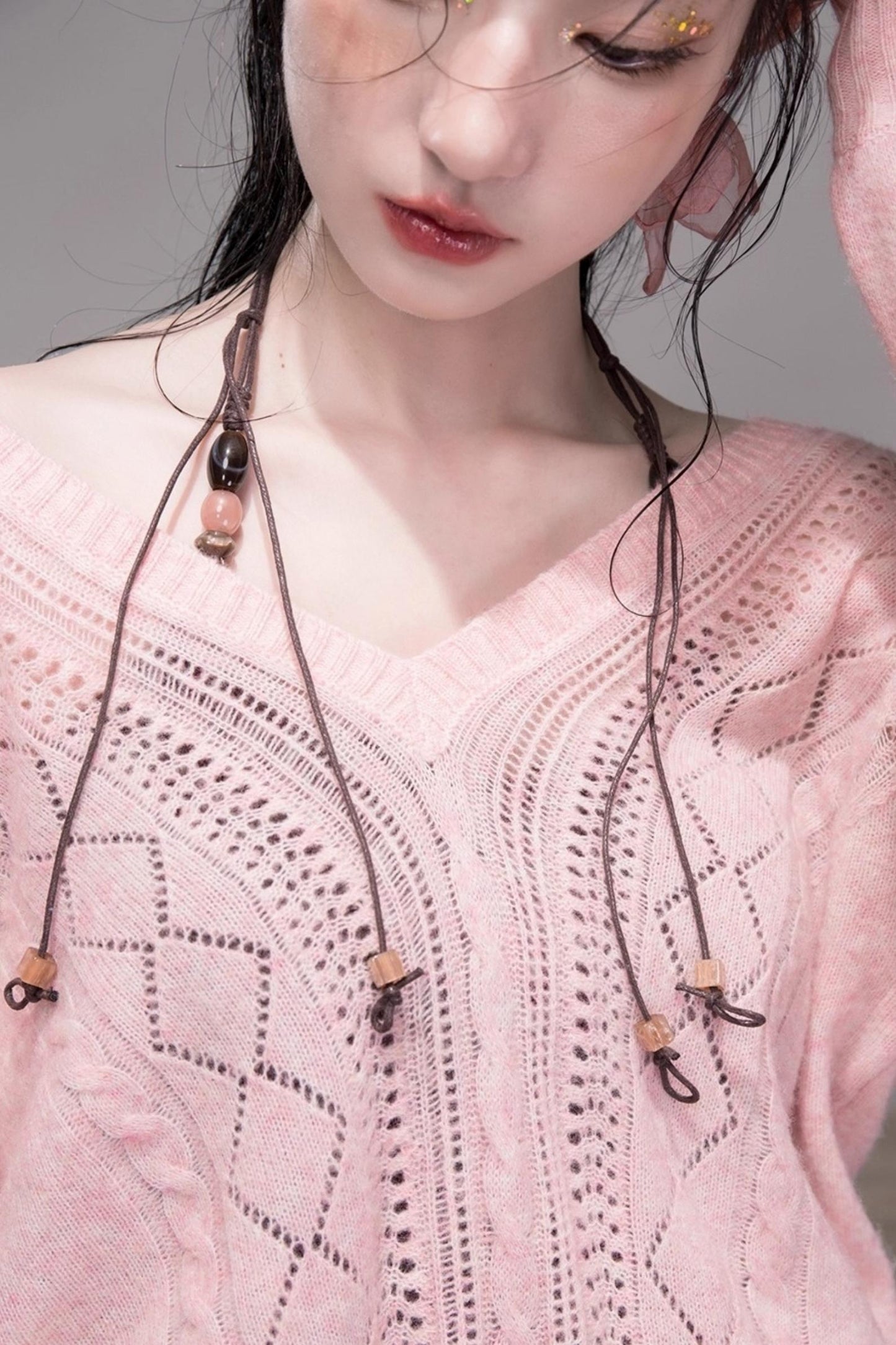 헤이즐넛 로즈 울 브이넥 니트와 홀터넥 조끼 세트