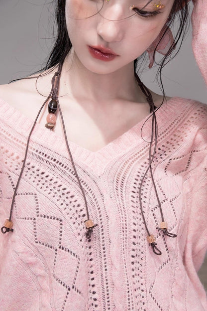 헤이즐넛 로즈 울 브이넥 니트와 홀터넥 조끼 세트