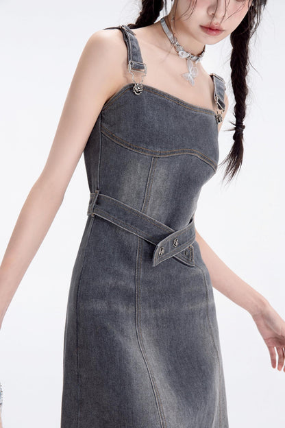 Distressed Wash Denim Strap Dress