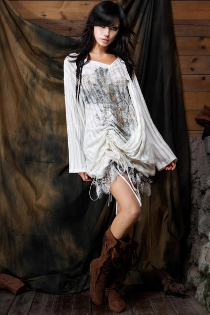 Vintage V-Neck Lace-Up Knitted Print Long Sleeve T-Shirt