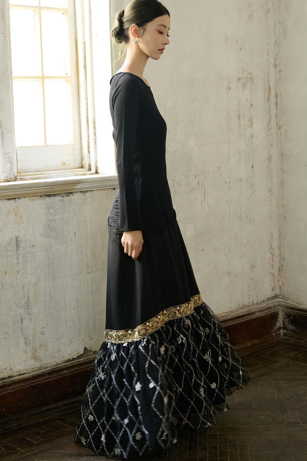 Fall Black Patchwork Mesh Skirt