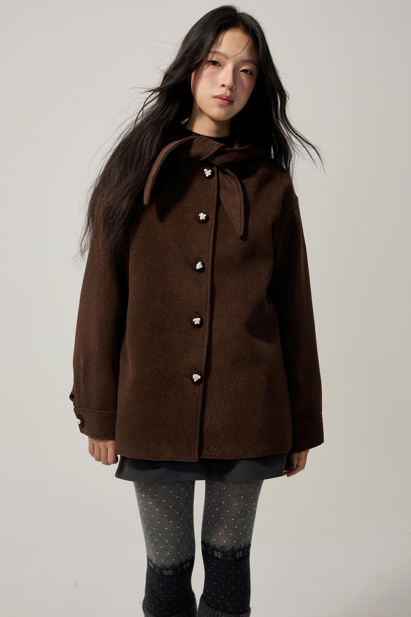Brown Hooded Bow Tweed Jacket
