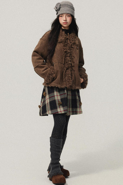 Coffee Red Plaid Cotton Warm Skirt