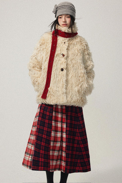 Khaki Wool Fur Collar Slim Coat