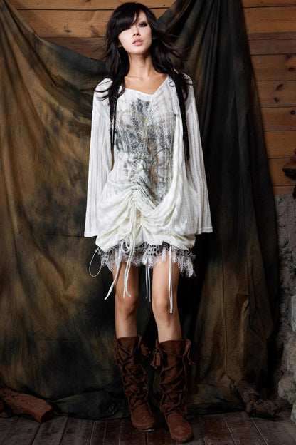 Vintage V-Neck Lace-Up Knitted Print Long Sleeve T-Shirt