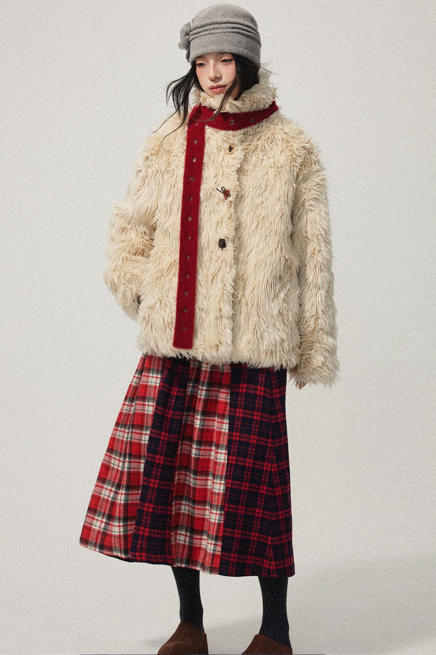 Khaki Wool Fur Collar Slim Coat