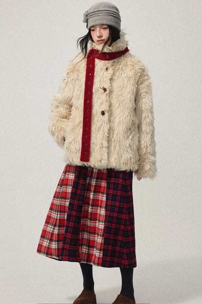 Khaki Wool Fur Collar Slim Coat