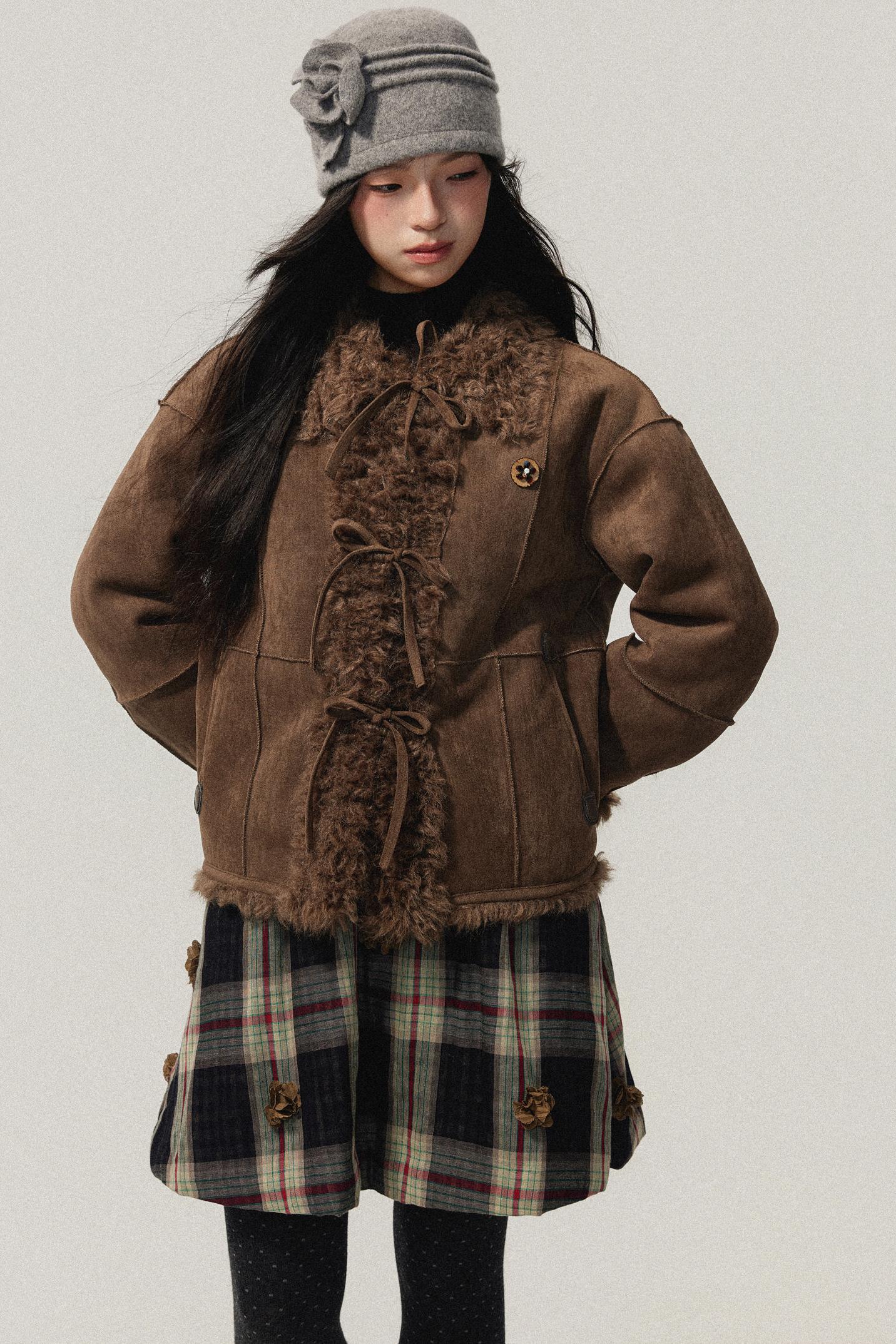 Coffee Red Plaid Cotton Warm Skirt