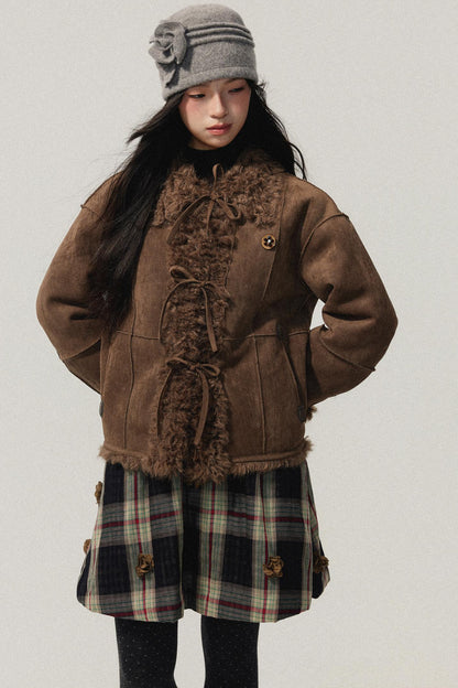 Coffee Red Plaid Cotton Warm Skirt