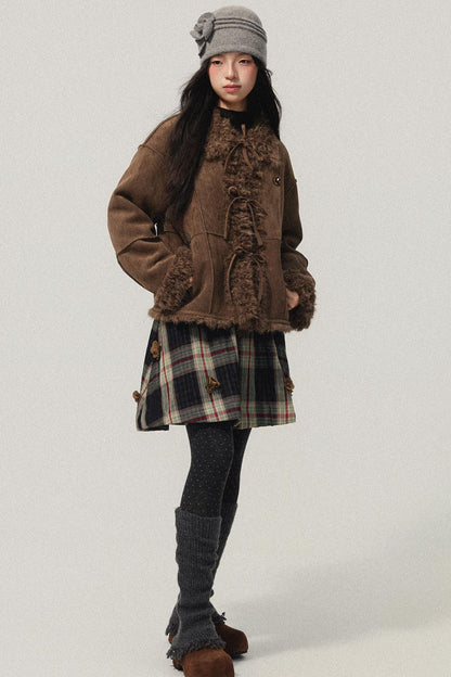 Brown Bow Detail Flower Brooch Coat