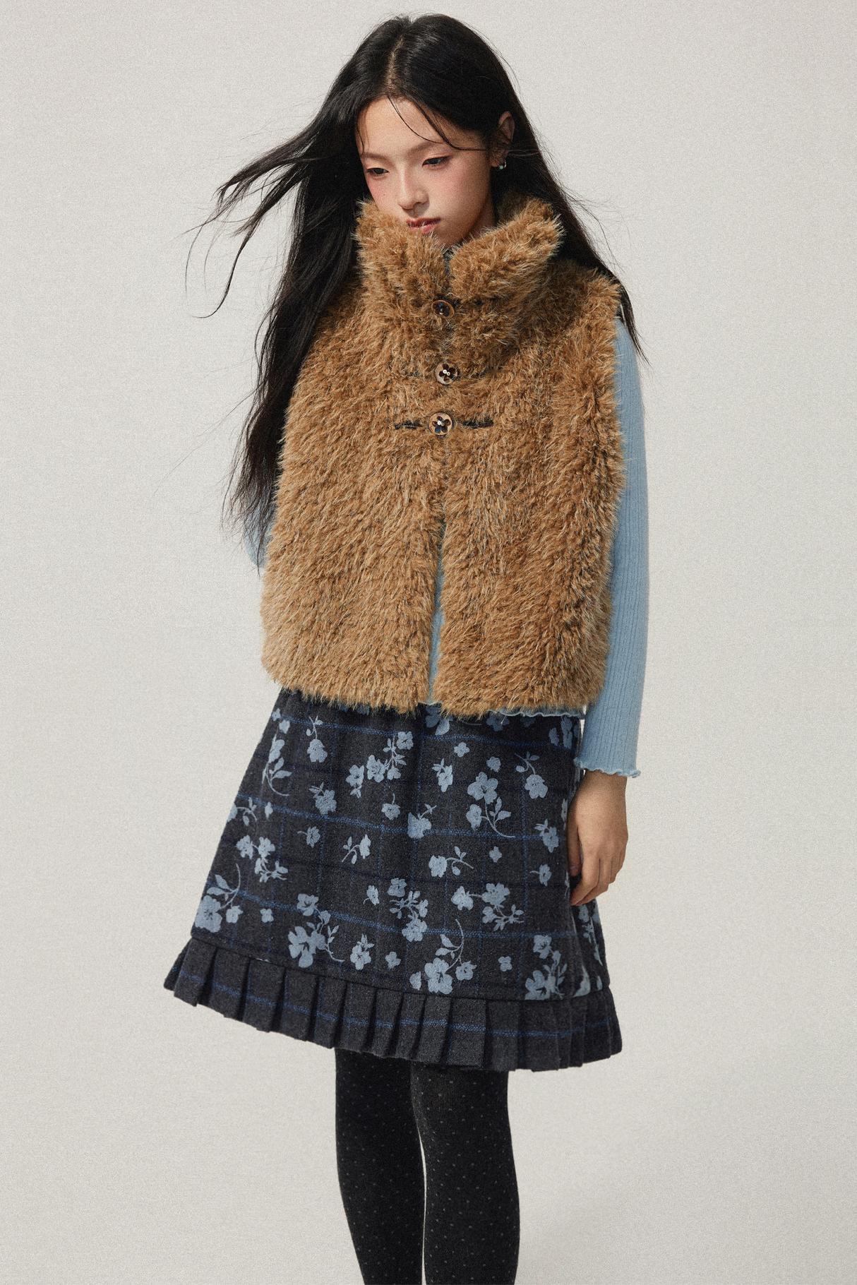 Grey Plaid Flocked Flower Pleated Skirt