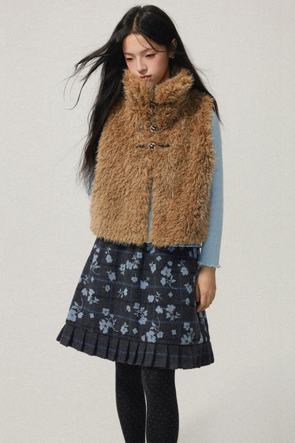 Grey Plaid Flocked Flower Pleated Skirt