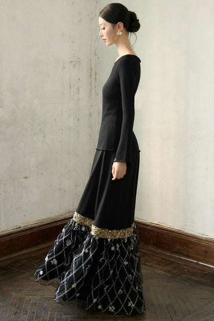 Fall Black Patchwork Mesh Skirt